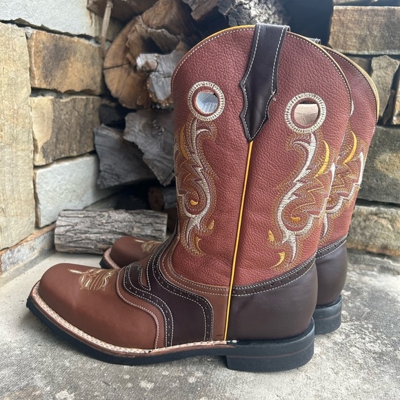 Mens Western 2 tone Brown Cowboy leather Boots w/square toeSz-30 (US 11.5) locBB - Picture 3 of 12